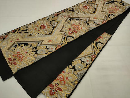 平和屋着物◎六通柄袋帯　唐織　更紗花文　黒地　金糸　正絹　逸品　AABK2320pf