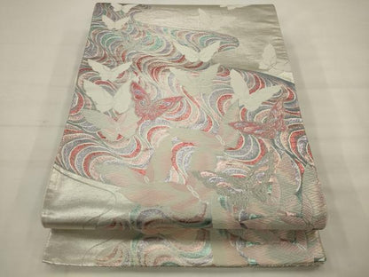 平和屋着物◎六通柄袋帯　唐織　流水舞蝶文　銀糸　正絹　逸品　AABK2322pf