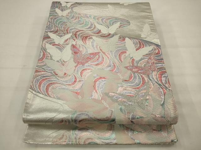 平和屋着物◎六通柄袋帯　唐織　流水舞蝶文　銀糸　正絹　逸品　AABK2322pf