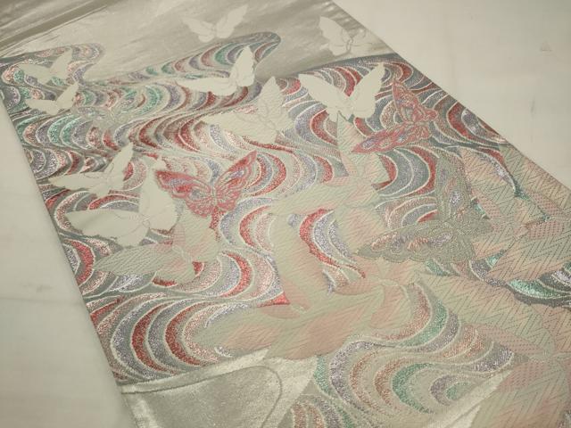 平和屋着物◎六通柄袋帯　唐織　流水舞蝶文　銀糸　正絹　逸品　AABK2322pf