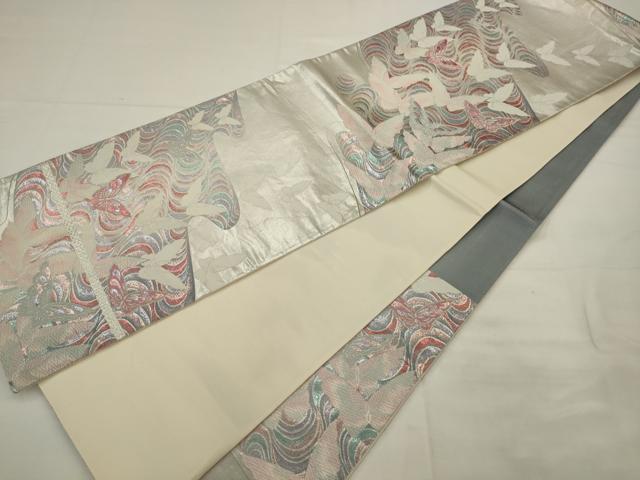 平和屋着物◎六通柄袋帯　唐織　流水舞蝶文　銀糸　正絹　逸品　AABK2322pf