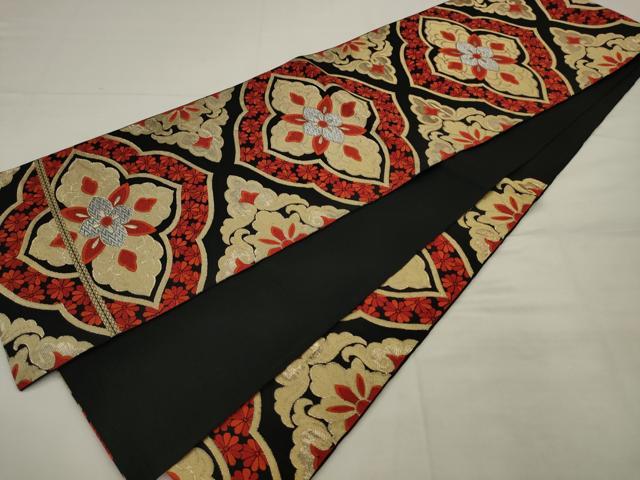 平和屋着物◎六通柄袋帯　唐織　飾花文　黒地　金銀糸　正絹　逸品　AABK2324pf