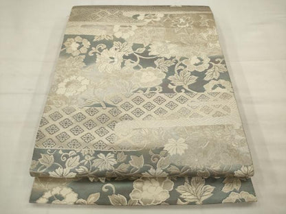 平和屋着物◎六通柄袋帯　更紗花文　銀糸　正絹　逸品　AABK2326pf