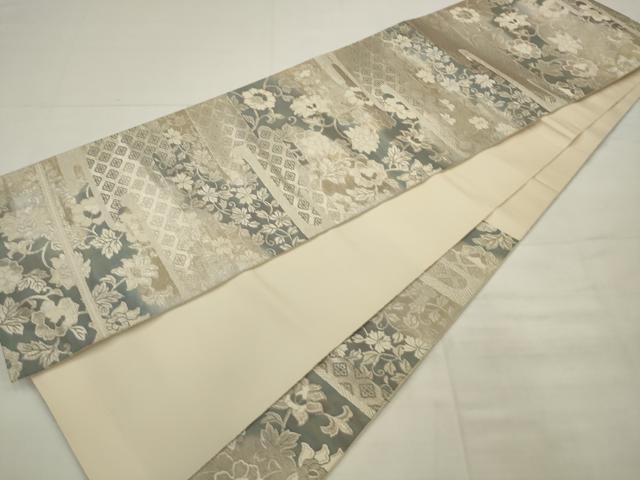 平和屋着物◎六通柄袋帯　更紗花文　銀糸　正絹　逸品　AABK2326pf
