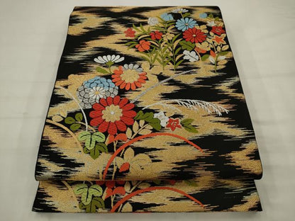 平和屋着物◎六通柄　本袋帯　唐織　草花文　黒地　金銀糸　正絹　逸品　AABK2339pf