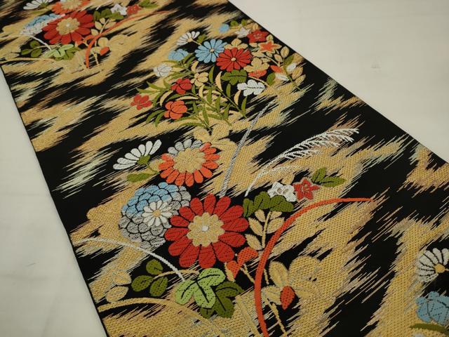 平和屋着物◎六通柄　本袋帯　唐織　草花文　黒地　金銀糸　正絹　逸品　AABK2339pf