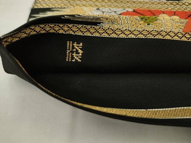 平和屋着物◎六通柄　本袋帯　唐織　草花文　黒地　金銀糸　正絹　逸品　AABK2339pf