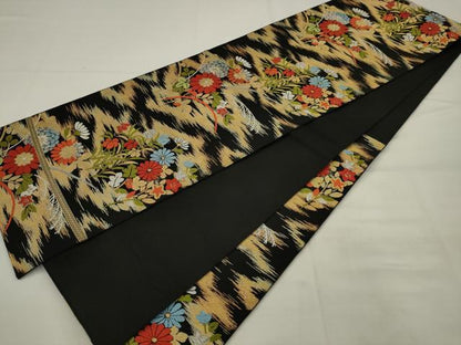 平和屋着物◎六通柄　本袋帯　唐織　草花文　黒地　金銀糸　正絹　逸品　AABK2339pf