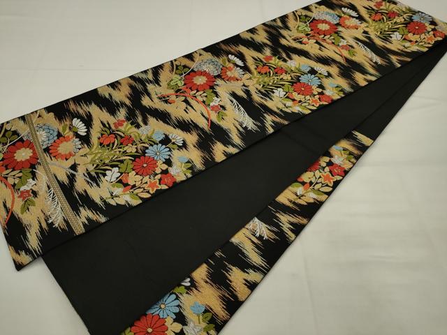 平和屋着物◎六通柄　本袋帯　唐織　草花文　黒地　金銀糸　正絹　逸品　AABK2339pf