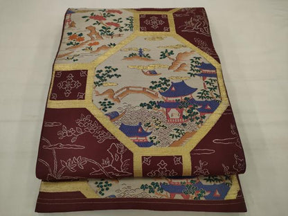 平和屋着物◎六通柄　本袋帯　蜀江風景文　金糸　正絹　逸品　AABK2341pf
