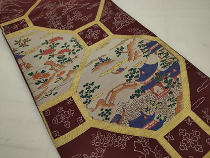 平和屋着物◎六通柄　本袋帯　蜀江風景文　金糸　正絹　逸品　AABK2341pf