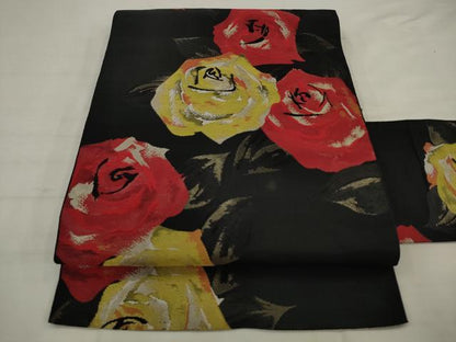 平和屋着物◎八寸名古屋帯　薔薇　黒地　銀糸　正絹　逸品　AABK2344pf