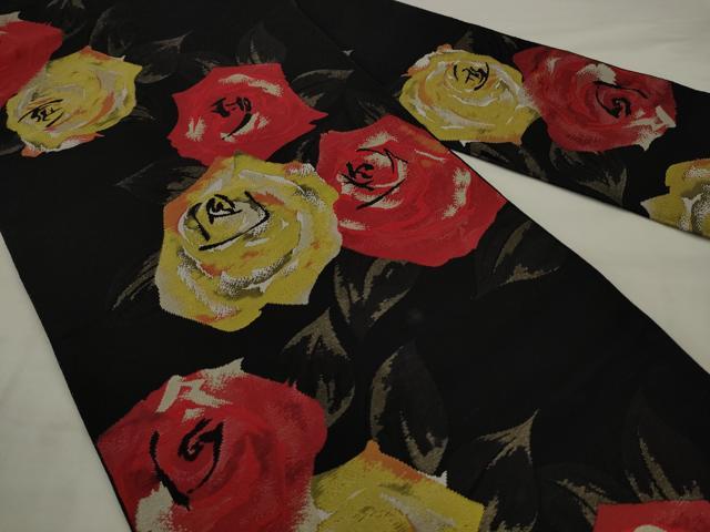 平和屋着物◎八寸名古屋帯　薔薇　黒地　銀糸　正絹　逸品　AABK2344pf