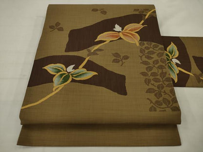 平和屋着物◎九寸名古屋帯　草花文　正絹　逸品　AABK2347pf