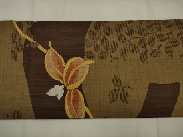 平和屋着物◎九寸名古屋帯　草花文　正絹　逸品　AABK2347pf