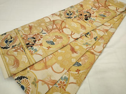 平和屋着物◎アンティーク　大正ロマン　丸帯　花鼓　龍　鶴　金糸　正絹　逸品　AABK2348pf