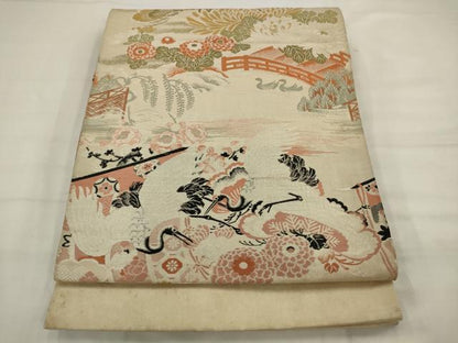 平和屋着物◎アンティーク　大正ロマン　丸帯　飛鶴風景花文　金糸　正絹　逸品　AABK2349pf