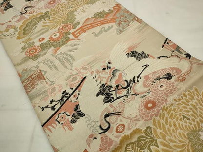 平和屋着物◎アンティーク　大正ロマン　丸帯　飛鶴風景花文　金糸　正絹　逸品　AABK2349pf