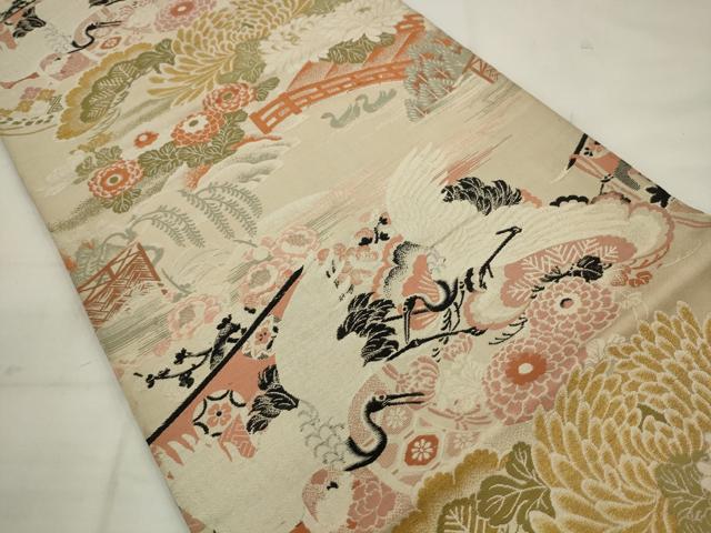 平和屋着物◎アンティーク　大正ロマン　丸帯　飛鶴風景花文　金糸　正絹　逸品　AABK2349pf