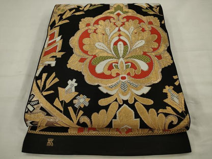 平和屋着物◎六通柄　本袋帯　飾花文　黒地　金糸　正絹　逸品　AABK2359pf