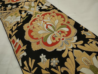 平和屋着物◎六通柄　本袋帯　飾花文　黒地　金糸　正絹　逸品　AABK2359pf