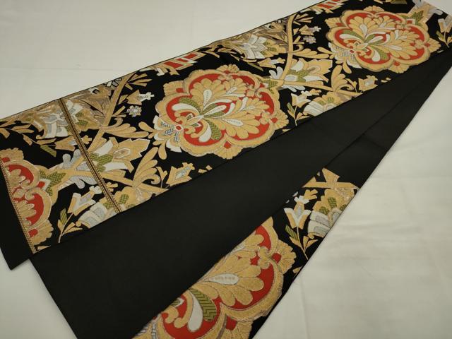平和屋着物◎六通柄　本袋帯　飾花文　黒地　金糸　正絹　逸品　AABK2359pf