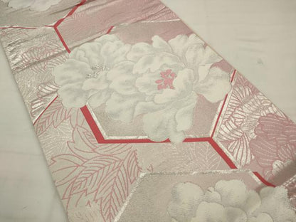 平和屋着物◎六通柄袋帯　唐織　亀甲草花文　銀糸　正絹　逸品　AABK2367pf