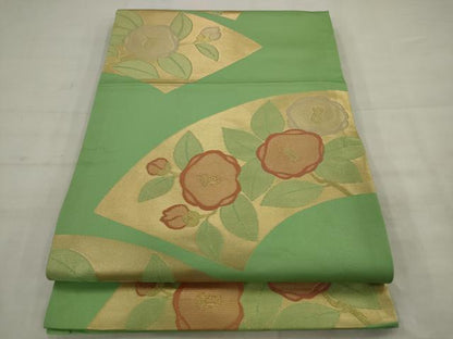 平和屋着物◎九寸開き名古屋帯　地紙草花文　椿　金糸　正絹　逸品　AABK2369pf