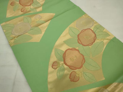 平和屋着物◎九寸開き名古屋帯　地紙草花文　椿　金糸　正絹　逸品　AABK2369pf