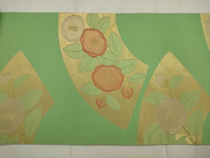 平和屋着物◎九寸開き名古屋帯　地紙草花文　椿　金糸　正絹　逸品　AABK2369pf