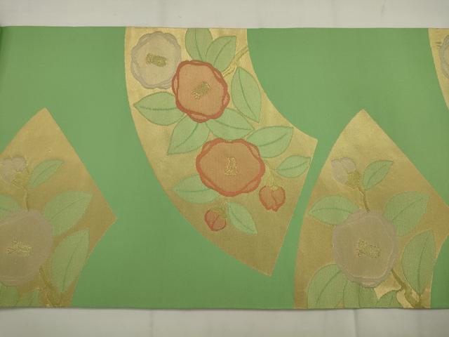 平和屋着物◎九寸開き名古屋帯　地紙草花文　椿　金糸　正絹　逸品　AABK2369pf