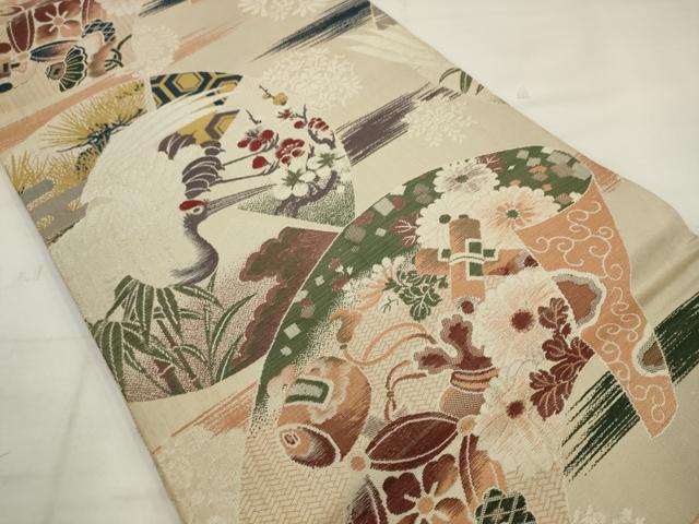 平和屋着物◎アンティーク　大正ロマン　丸帯　引き抜き帯　唐織　飛鶴風景文　正絹　逸品　AABK2371pf