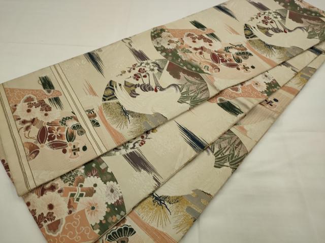 平和屋着物◎アンティーク　大正ロマン　丸帯　引き抜き帯　唐織　飛鶴風景文　正絹　逸品　AABK2371pf
