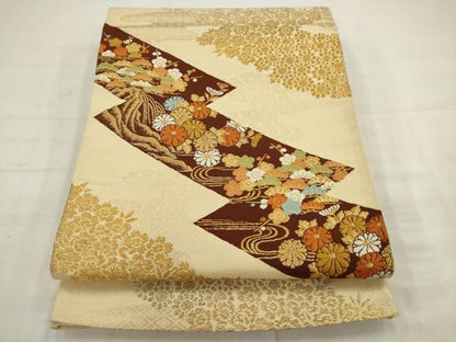 平和屋着物◎六通柄袋帯　唐織　草花文　梅　松　金銀糸　正絹　逸品　AABK2373pf