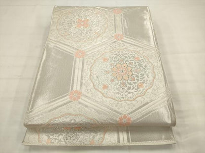 平和屋着物◎六通柄袋帯　唐織　亀甲更紗花文　銀糸　正絹　逸品　AABK2376pf
