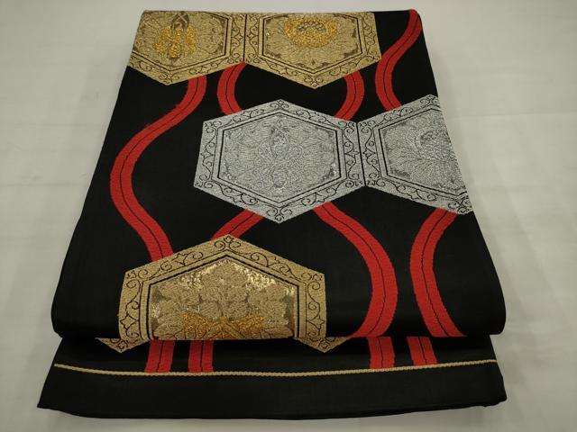 平和屋着物◎六通柄袋帯　唐織　亀甲花蝶文　黒地　金銀糸　正絹　逸品　AABK2379pf