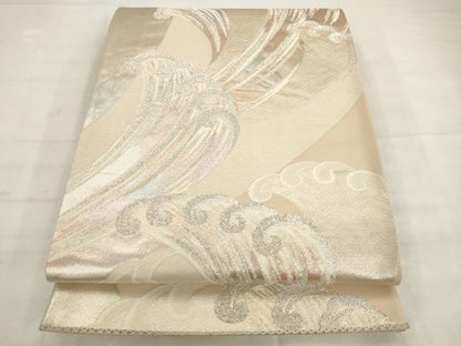平和屋着物◎六通柄袋帯　唐織　立波文　銀糸　正絹　逸品　AABK2394pf