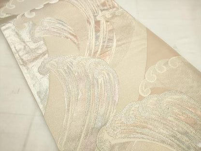 平和屋着物◎六通柄袋帯　唐織　立波文　銀糸　正絹　逸品　AABK2394pf