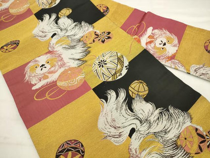 平和屋着物◎九寸名古屋帯　唐織　犬　鞠　金銀糸　正絹　逸品　AABK2397pf