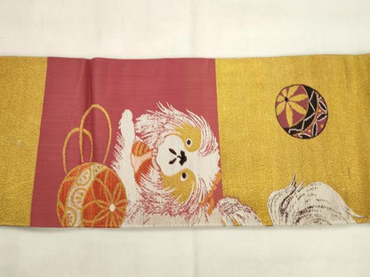 平和屋着物◎九寸名古屋帯　唐織　犬　鞠　金銀糸　正絹　逸品　AABK2397pf