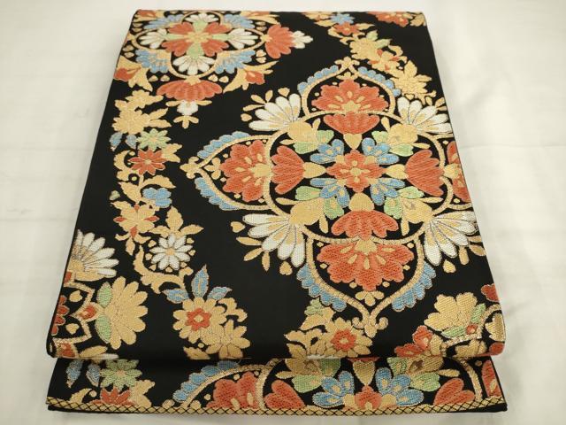 平和屋着物◎六通柄袋帯　唐織　飾花文　黒地　金糸　正絹　逸品　AABK2400pf