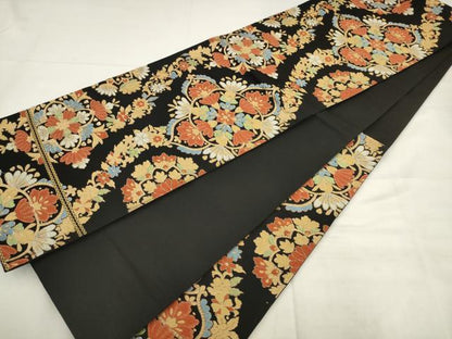 平和屋着物◎六通柄袋帯　唐織　飾花文　黒地　金糸　正絹　逸品　AABK2400pf
