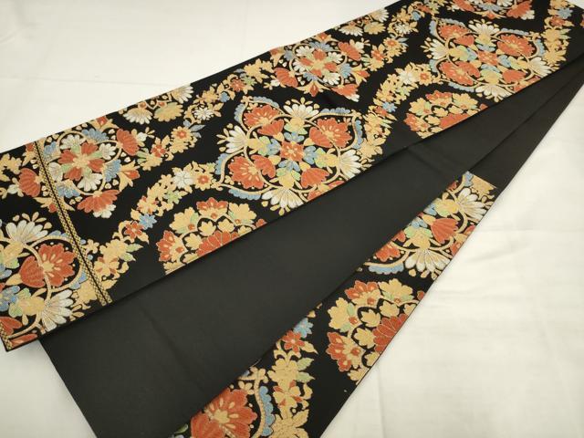 平和屋着物◎六通柄袋帯　唐織　飾花文　黒地　金糸　正絹　逸品　AABK2400pf