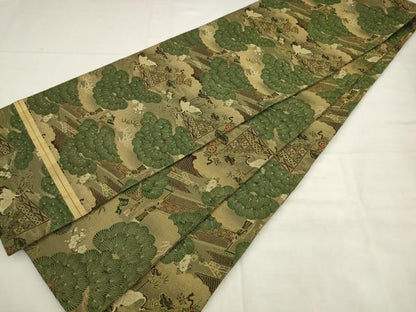 平和屋着物◎アンティーク　大正ロマン　丸帯　引き抜き帯　人物風景文　鶴　金糸　正絹　逸品　AABK2404pf