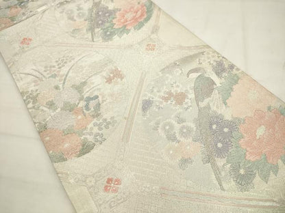平和屋着物◎本佐賀錦　六通柄袋帯　蜀江花鳥文　プラチナ　正絹　逸品　AABK2407pf