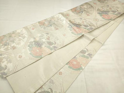 平和屋着物◎本佐賀錦　六通柄袋帯　蜀江花鳥文　プラチナ　正絹　逸品　AABK2407pf