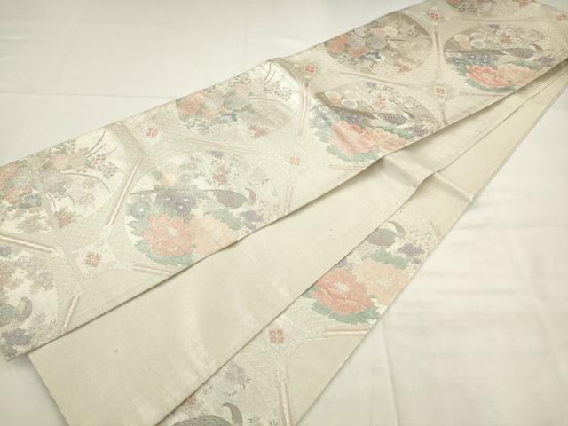 平和屋着物◎本佐賀錦　六通柄袋帯　蜀江花鳥文　プラチナ　正絹　逸品　AABK2407pf