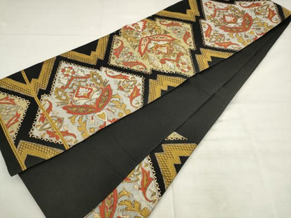 平和屋着物◎六通柄　京袋帯　唐織　松皮菱花文　黒地　金糸　正絹　逸品　AABK2418pf