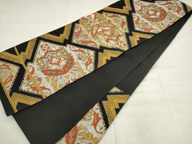 平和屋着物◎六通柄　京袋帯　唐織　松皮菱花文　黒地　金糸　正絹　逸品　AABK2418pf