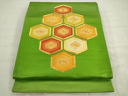 平和屋着物◎太鼓柄袋帯　刺繍　亀甲花文　正絹　逸品　AABK2422pf
